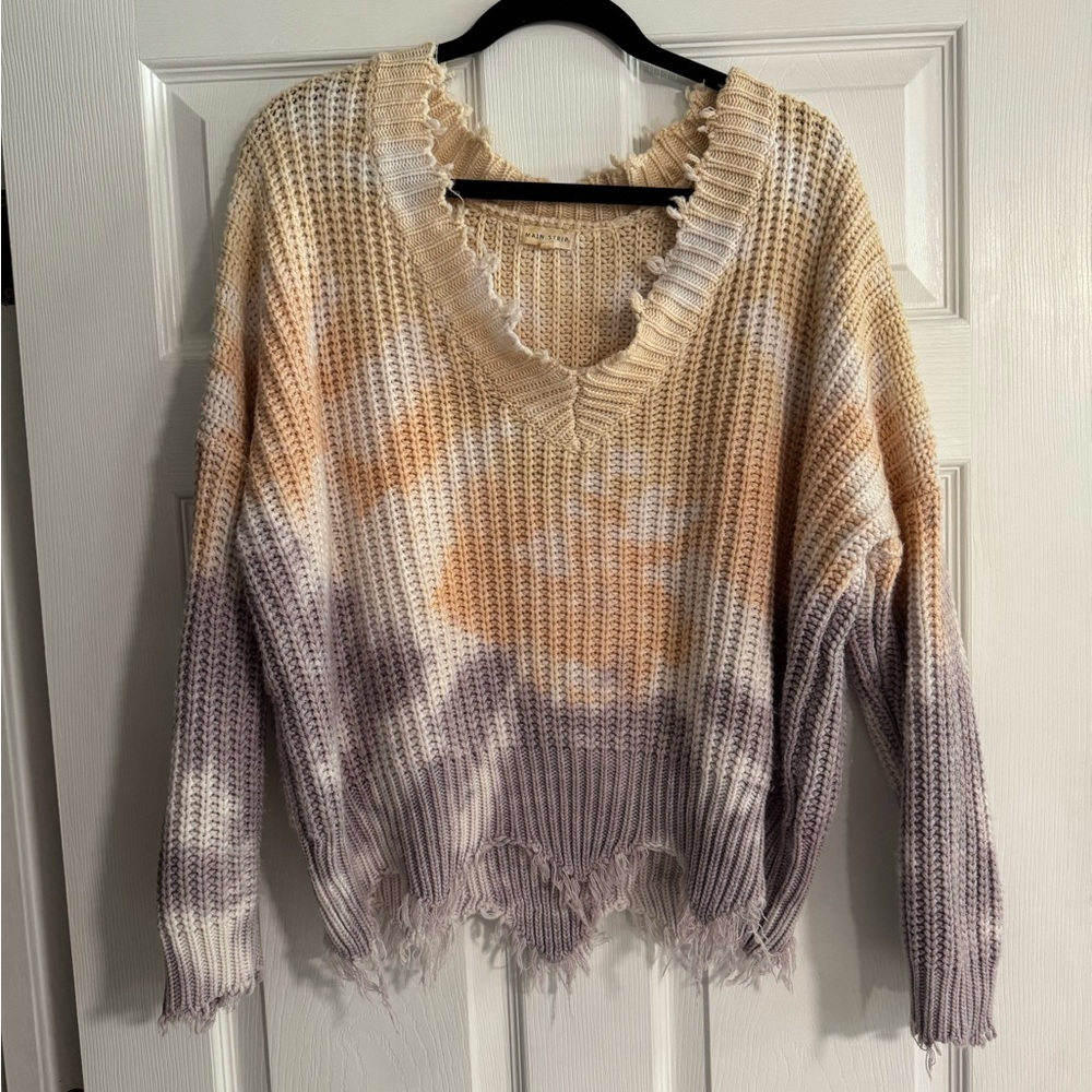 Main Strip Distressed Tie Dye V Neck Sweater